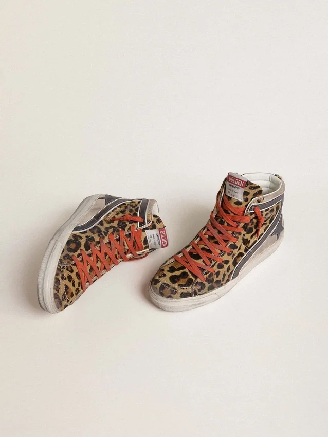 Sandalias Slide LTD para mujer en piel de potro con estampado de leopardo, estrella de cuero metalizado y detalles brillantes
