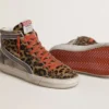 Sandalias Slide LTD para mujer en piel de potro con estampado de leopardo, estrella de cuero metalizado y detalles brillantes
