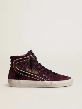 Sandalias Slide para mujer en gamuza con purpurina de cereza negra y estrella de cuero, con detalle metálico de cuero