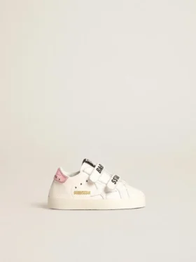 Set escolar para bebé en piel napa blanca con lengüeta del talón de piel rosa
