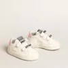 Set escolar para bebé en piel napa blanca con lengüeta del talón de piel rosa