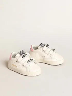 Set escolar para bebé en piel napa blanca con lengüeta del talón de piel rosa