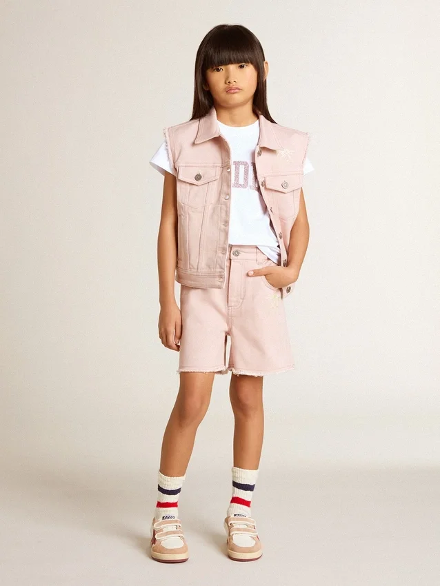 Shorts de algodón rosa para niñas con bordado