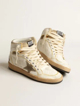 Sky-Star para hombre en piel napa blanca con estrella de gamuza gris paloma