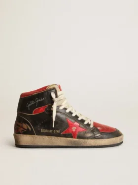 Sky-Star para mujer en cuero negro brillante con estrella roja