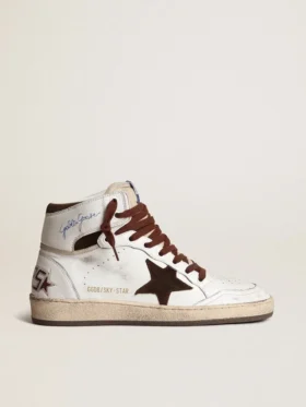 Sky-Star para mujer en piel napa blanca con estrella de gamuza color chocolate