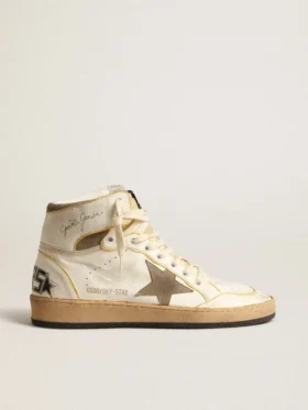 Sky-Star para mujer en piel napa blanca con estrella de gamuza gris paloma