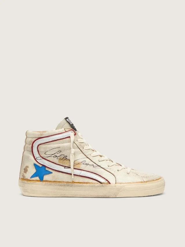 Slide para hombre con estrella de cuero azul claro y detalle de cuero plateado metalizado