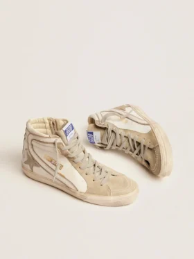 Slide para mujer con estrella de gamuza gris hielo y detalle blanco