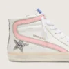Slide para mujer de cuero blanco con estrella plateada con purpurina y detalle de cuero rosa