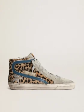 Slide para mujer en piel de potro con estampado de leopardo y estrella de cuero plateada