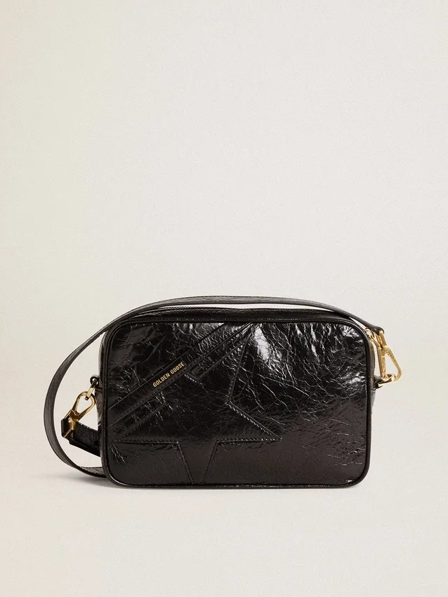 Star Bag en cuero negro brillante con estrella tono sobre tono