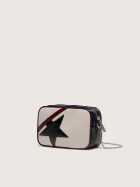 Star Bag Mini en cuero blanco mantequilla con estrella negra y detalles en burdeos y azul oscuro