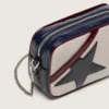 Star Bag Mini en cuero blanco mantequilla con estrella negra y detalles en burdeos y azul oscuro