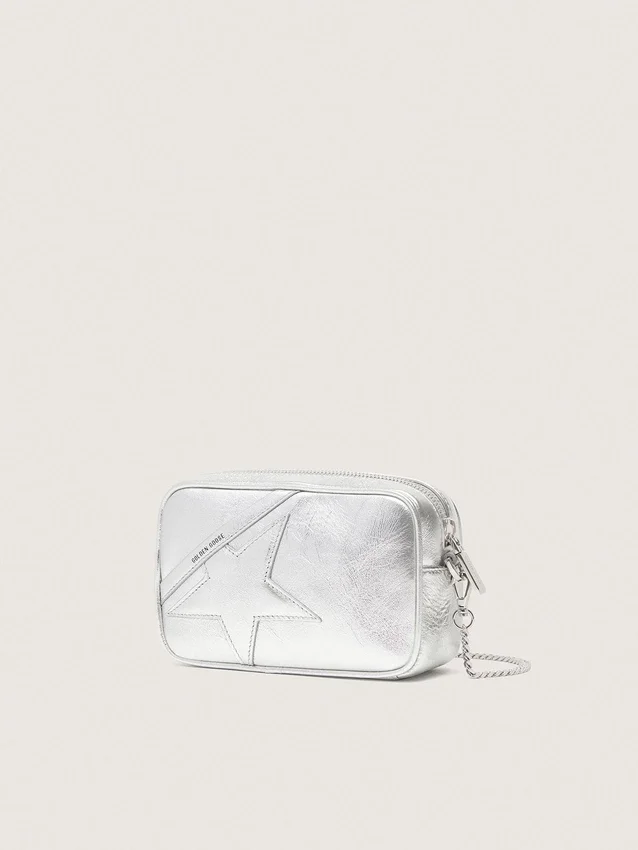 Star Bag Mini para mujer en piel laminada plateada con estrella tono sobre tono