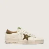 Stardan para hombre en cuero blanco con estrella y lengüeta en el talón de cuero con estampado de serpiente en verde militar
