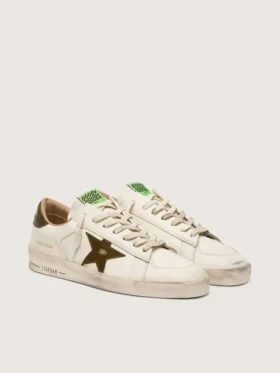 Stardan para hombre en cuero blanco con estrella y lengüeta en el talón de cuero con estampado de serpiente en verde militar