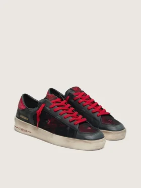 Stardan para hombre en cuero negro con estrella roja e inserciones de malla negra y cuero rojo