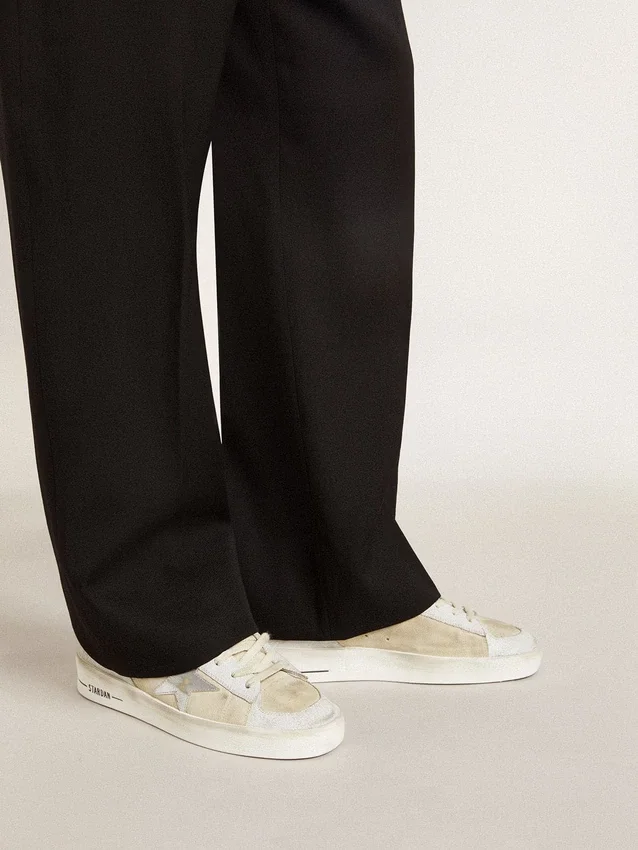 Stardan para hombre en nubuck y cuero craquelado con estrella de cuero plateado metalizado