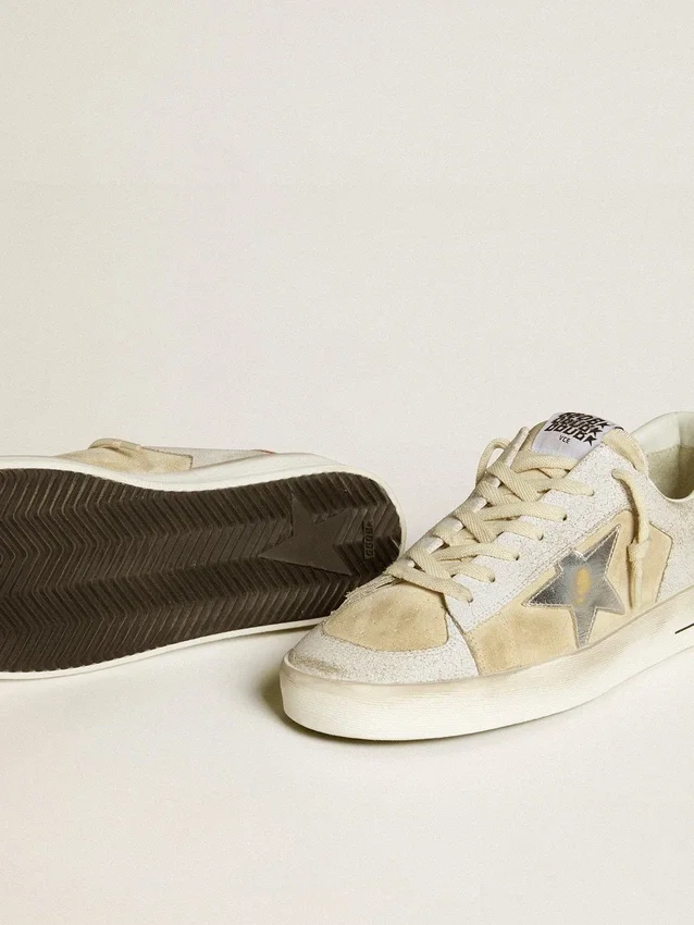 Stardan para hombre en nubuck y cuero craquelado con estrella de cuero plateado metalizado
