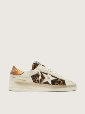 Stardan para mujer en cuero blanco y piel de potro con estampado de leopardo, con estrella de cuero blanco