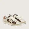 Stardan para mujer en cuero blanco y piel de potro con estampado de leopardo, con estrella de cuero blanco