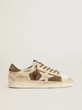 Stardan para mujer en gamuza verde militar y piel de potro beige con estrella de gamuza beige