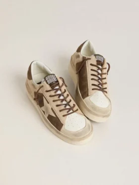 Stardan para mujer en gamuza verde militar y piel de potro beige con estrella de gamuza beige