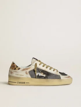 Stardan para mujer en napa y malla con lengüeta en el talón de piel de potro con estampado de leopardo