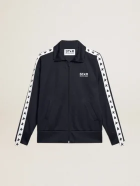 Sudadera azul oscuro con cremallera, franja blanca y estrellas en contraste
