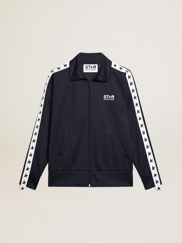 Sudadera azul oscuro con cremallera, franja blanca y estrellas en contraste