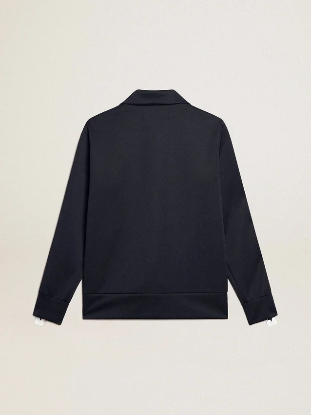 Sudadera azul oscuro con cremallera, franja blanca y estrellas en contraste