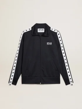 Sudadera azul oscuro con franja blanca y estrellas azules en contraste