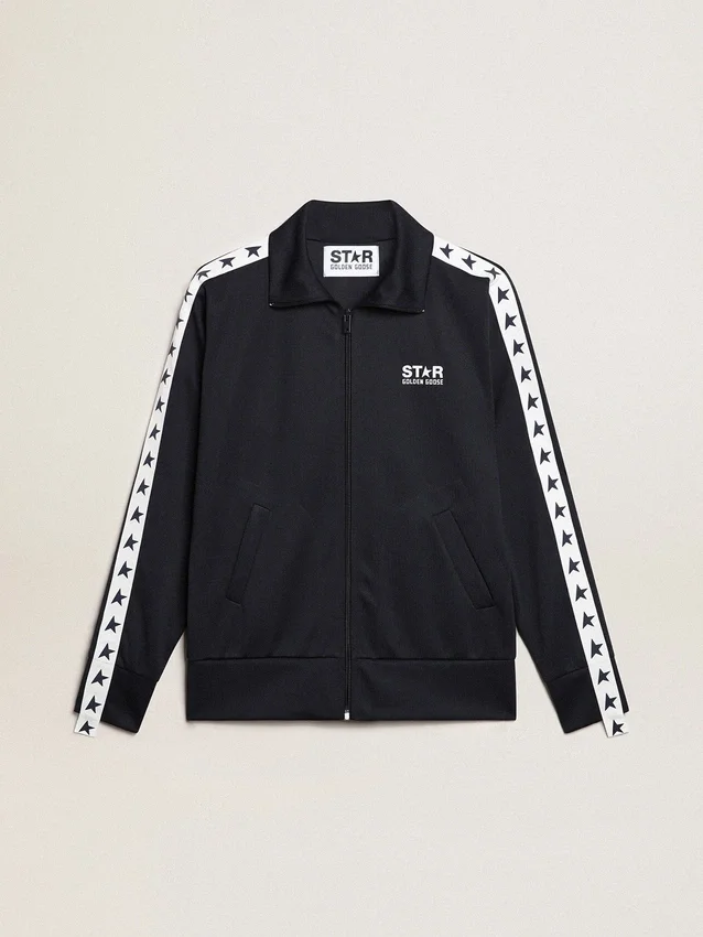 Sudadera azul oscuro con franja blanca y estrellas azules en contraste