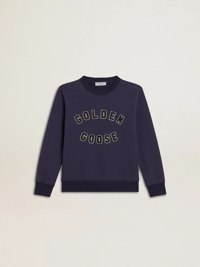 Sudadera azul violeta con el letrero de golden goose en el frente