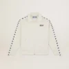 Sudadera blanca con cremallera para mujer, con franja blanca y estrellas negras