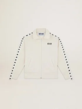 Sudadera blanca con cremallera para mujer, con franja blanca y estrellas negras