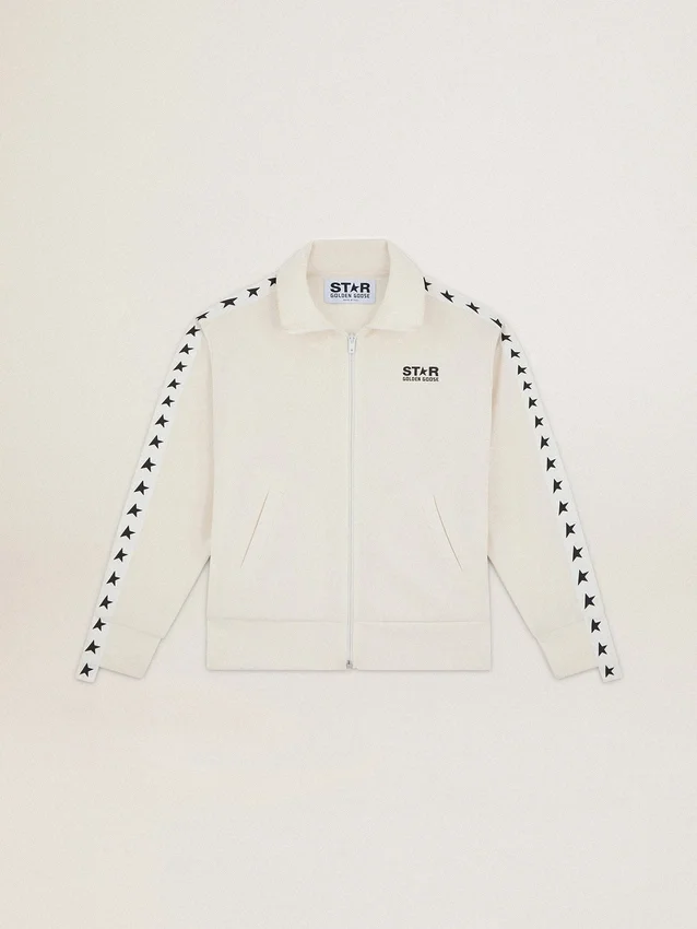 Sudadera blanca con cremallera para mujer, con franja blanca y estrellas negras