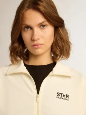 Sudadera blanca con cremallera para mujer, con franja blanca y estrellas negras