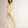 Sudadera blanca con cremallera para mujer, con franja blanca y estrellas negras