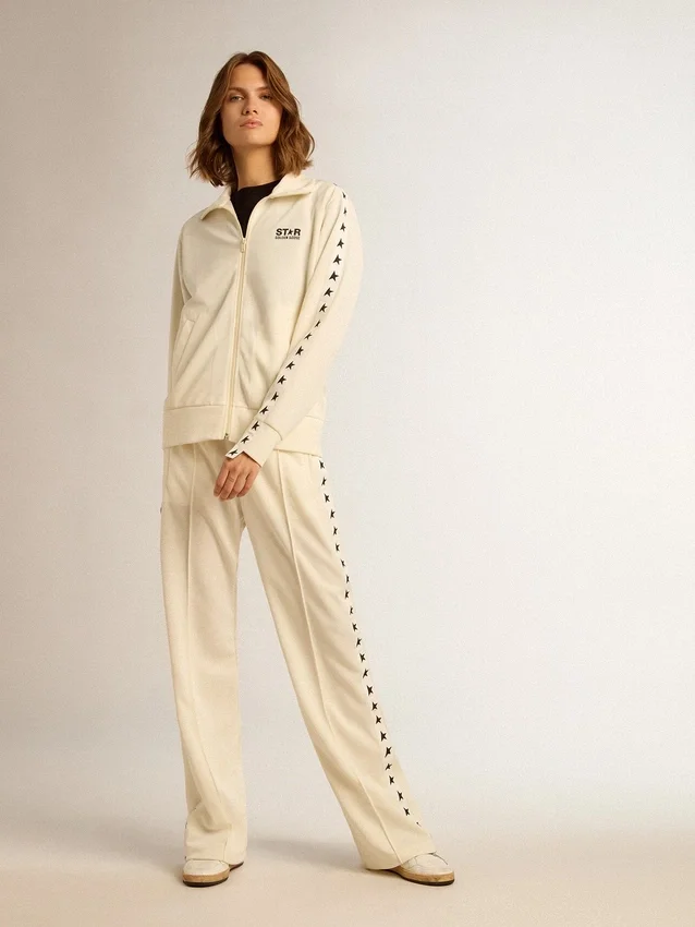 Sudadera blanca con cremallera para mujer, con franja blanca y estrellas negras