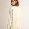 Sudadera blanca con cremallera para mujer, con franja blanca y estrellas negras