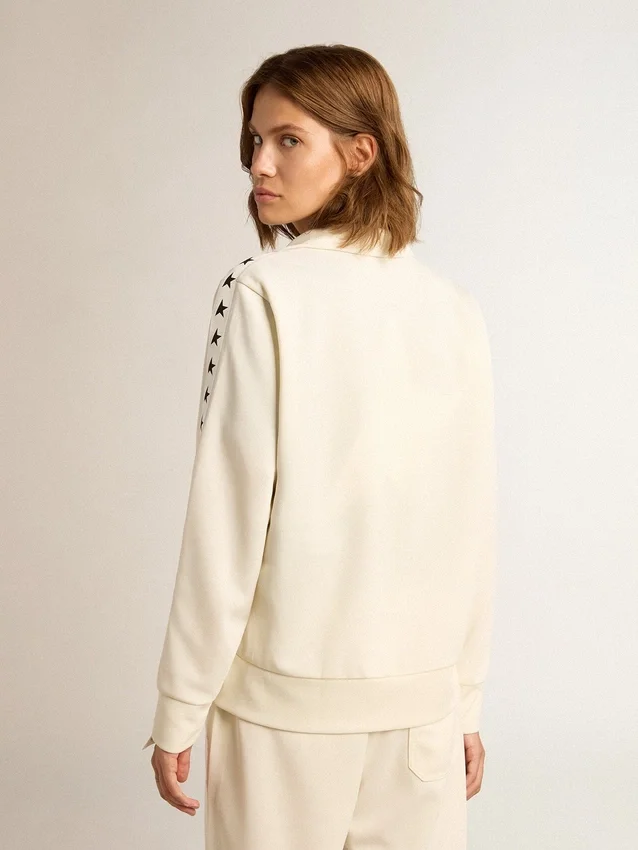 Sudadera blanca con cremallera para mujer, con franja blanca y estrellas negras