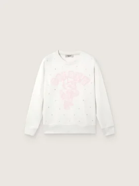 Sudadera blanca de algodón con cuello redondo para niñas de la colección Journey, con estampado de mascota y apliques de cristales