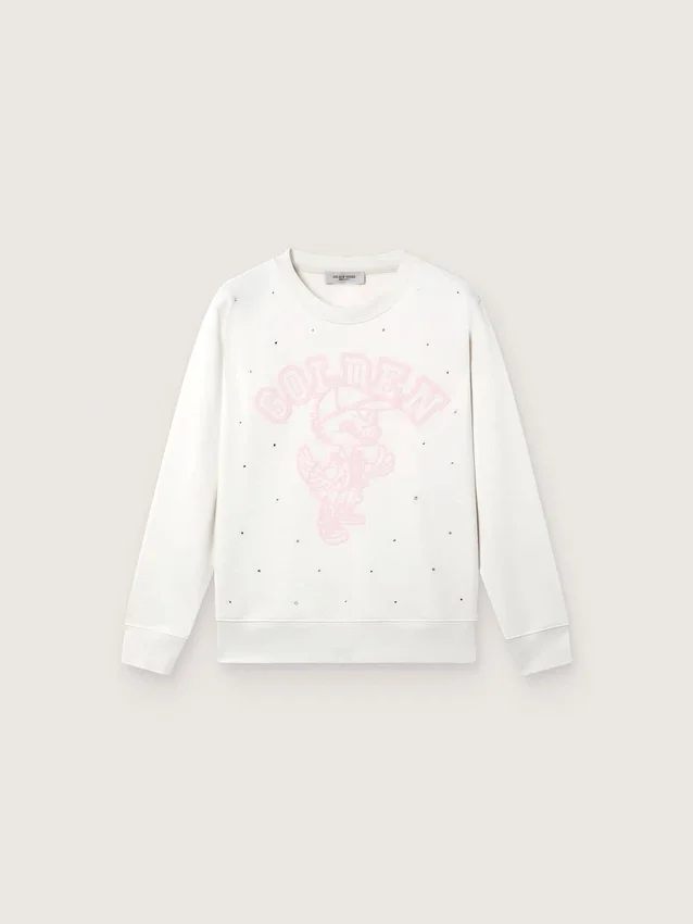 Sudadera blanca de algodón con cuello redondo para niñas de la colección Journey, con estampado de mascota y apliques de cristales