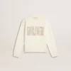 Sudadera blanca para niñas con letras doradas multicolores en el frente