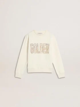 Sudadera blanca para niñas con letras doradas multicolores en el frente