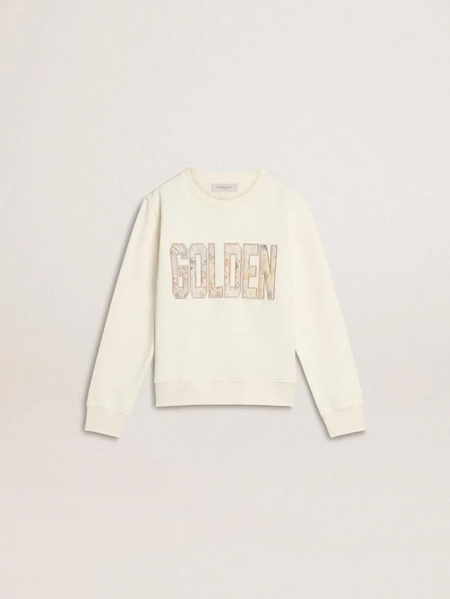 Sudadera blanca para niñas con letras doradas multicolores en el frente
