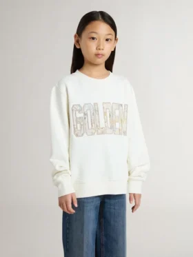 Sudadera blanca para niñas con letras doradas multicolores en el frente