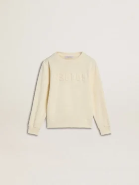 Sudadera color crema para niñas con letras en parches